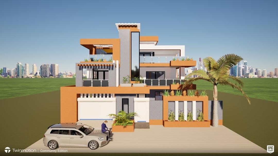 Visualisation 3D d’une façade orange et blanche